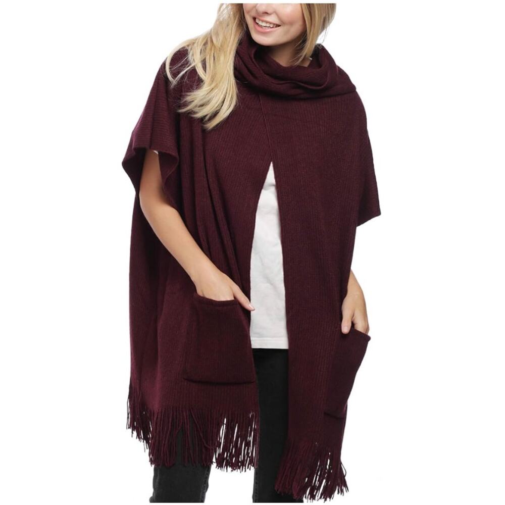 NEW Burgundy Fringe Turtleneck Poncho Sweater Wrap Boho Minimalist Oversized OS